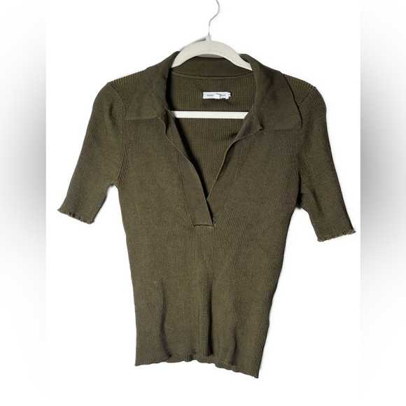 Good American Ribbed Knit Polo Top Olive Green Sz M - Picture 3 of 11